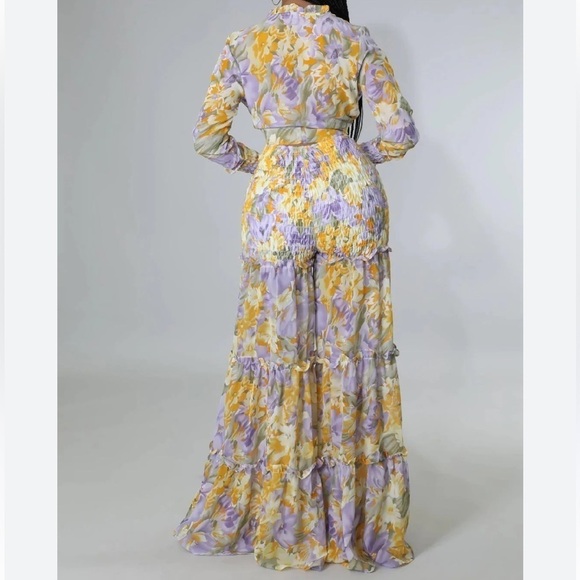 Banjul 2 piece crop top wide leg flowing pants floral print yellow purple medium - Picture 8 of 13